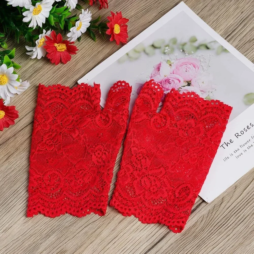 Women's 2 Pairs Red Lace Fingerless Gloves Party Prom Costume Accessories